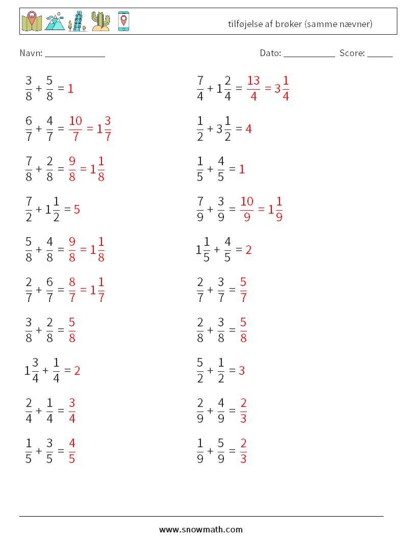 (20) tilføjelse af brøker (samme nævner) Matematiske regneark 10 Spørgsmål, svar