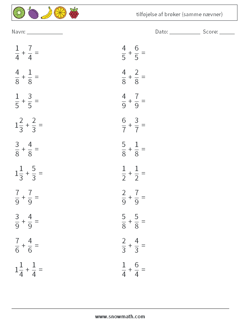 (20) tilføjelse af brøker (samme nævner) Matematiske regneark 11
