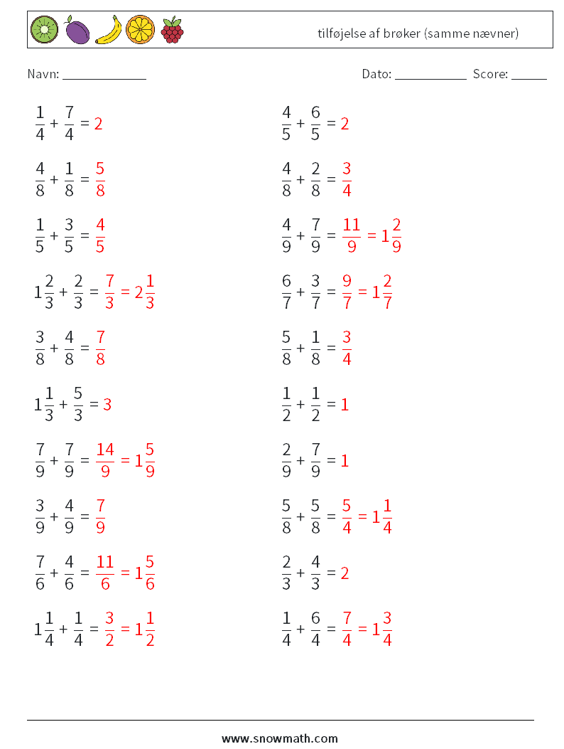 (20) tilføjelse af brøker (samme nævner) Matematiske regneark 11 Spørgsmål, svar