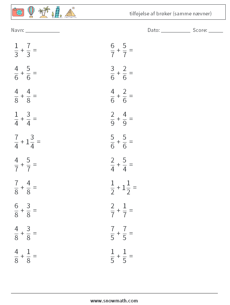 (20) tilføjelse af brøker (samme nævner) Matematiske regneark 12