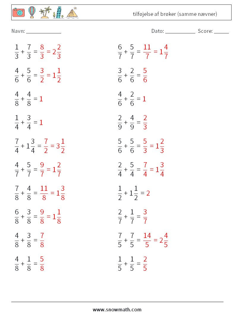 (20) tilføjelse af brøker (samme nævner) Matematiske regneark 12 Spørgsmål, svar