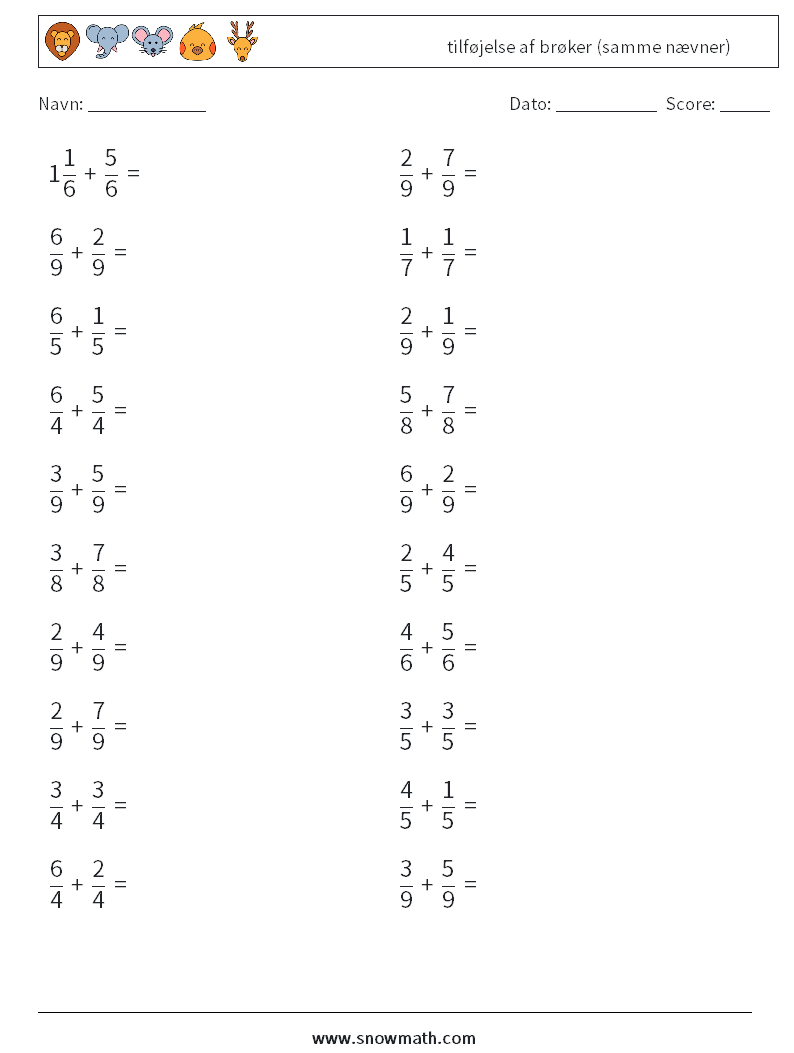(20) tilføjelse af brøker (samme nævner) Matematiske regneark 13