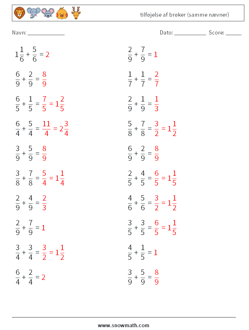 (20) tilføjelse af brøker (samme nævner) Matematiske regneark 13 Spørgsmål, svar