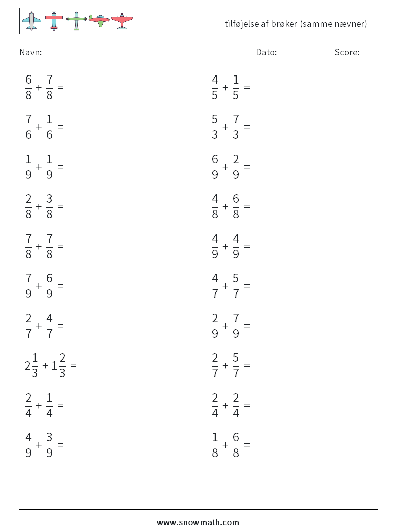 (20) tilføjelse af brøker (samme nævner) Matematiske regneark 14