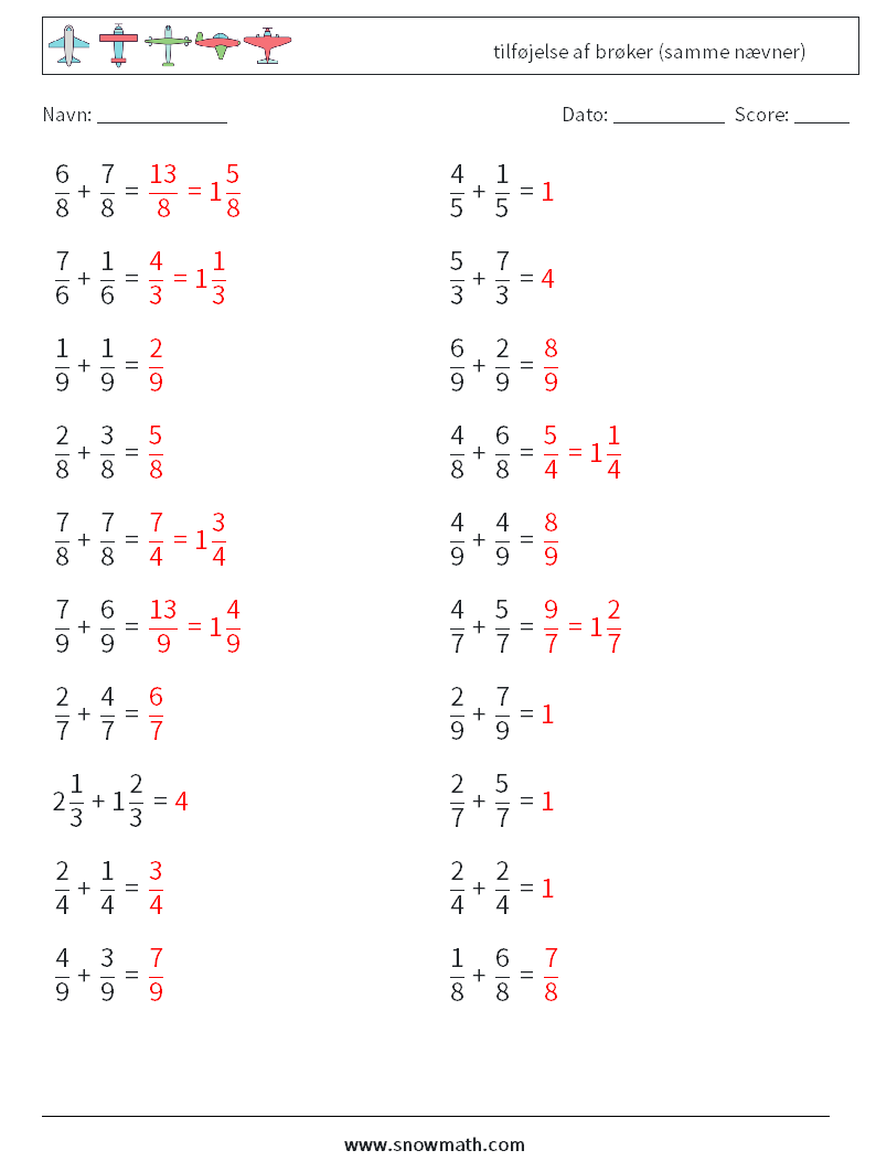 (20) tilføjelse af brøker (samme nævner) Matematiske regneark 14 Spørgsmål, svar