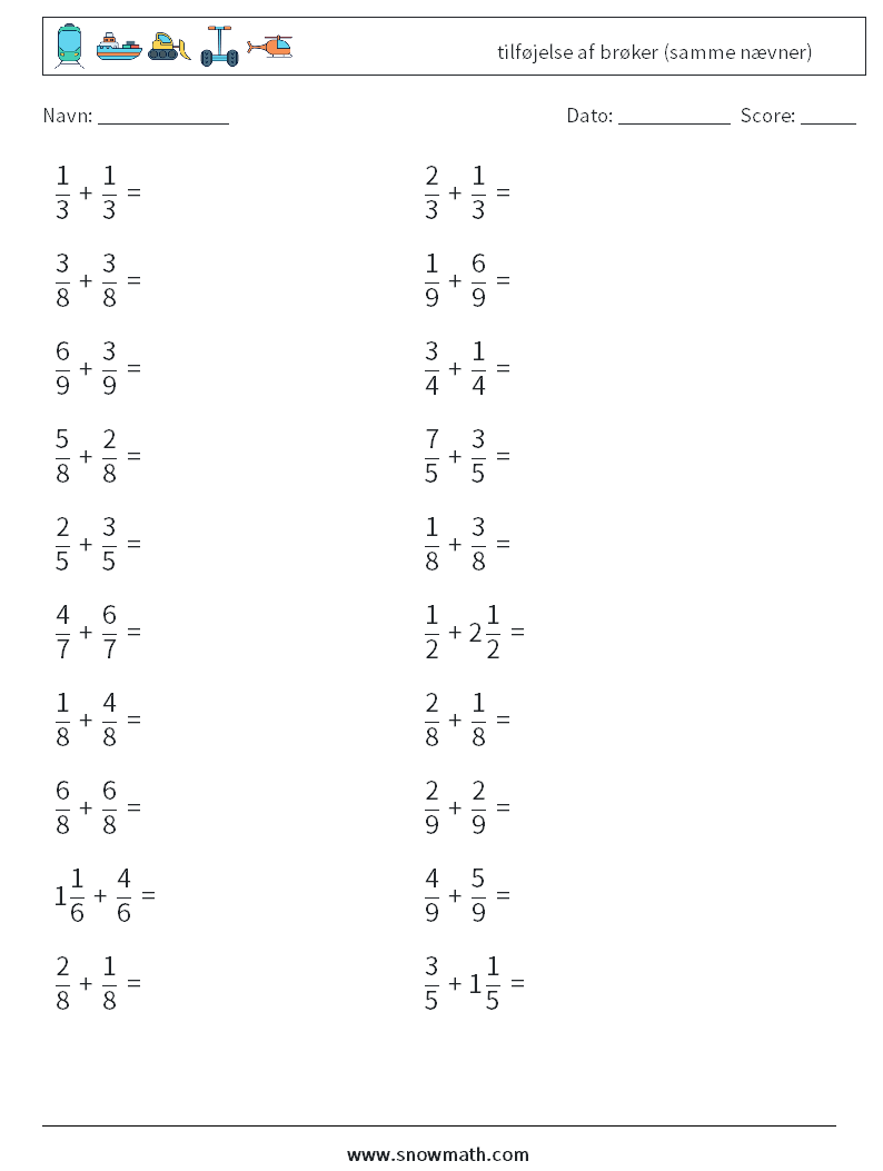 (20) tilføjelse af brøker (samme nævner) Matematiske regneark 15
