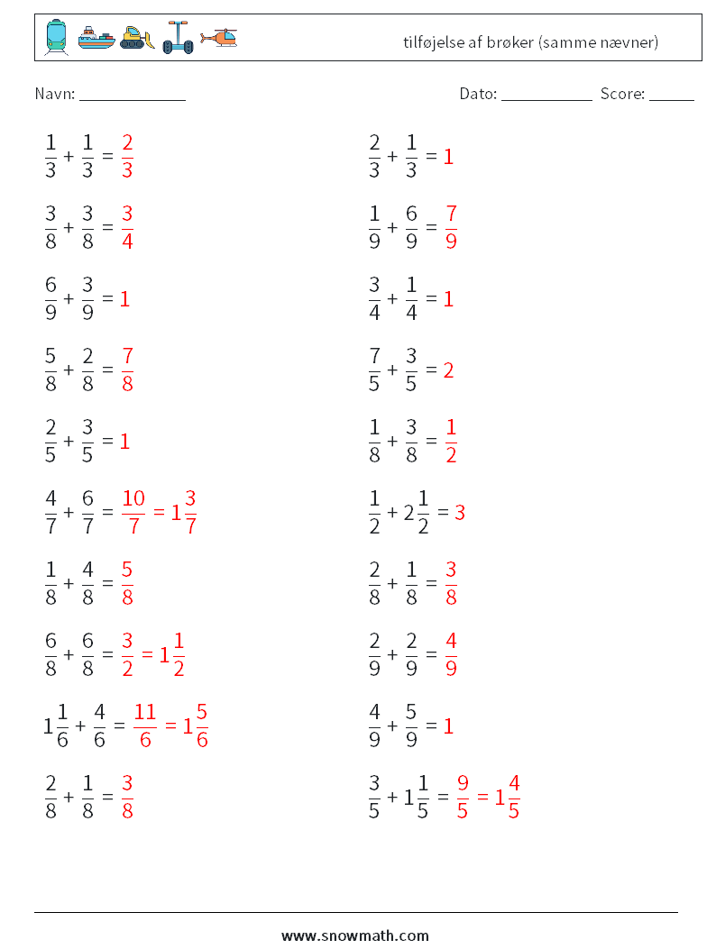 (20) tilføjelse af brøker (samme nævner) Matematiske regneark 15 Spørgsmål, svar