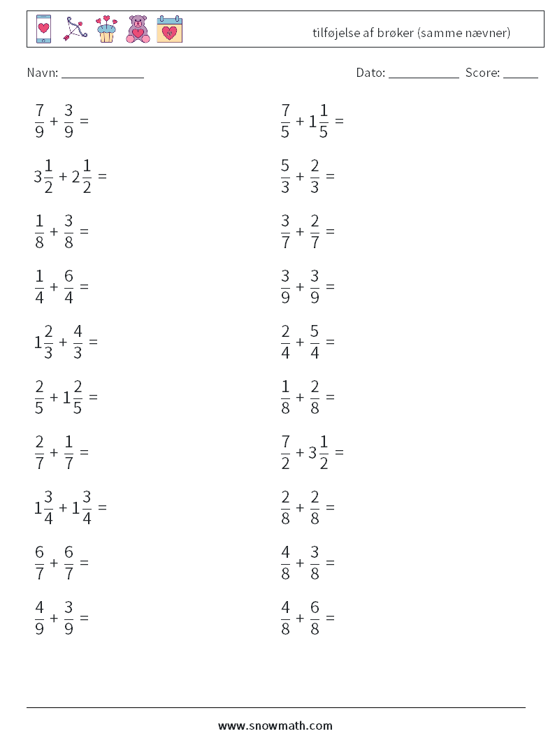 (20) tilføjelse af brøker (samme nævner) Matematiske regneark 16