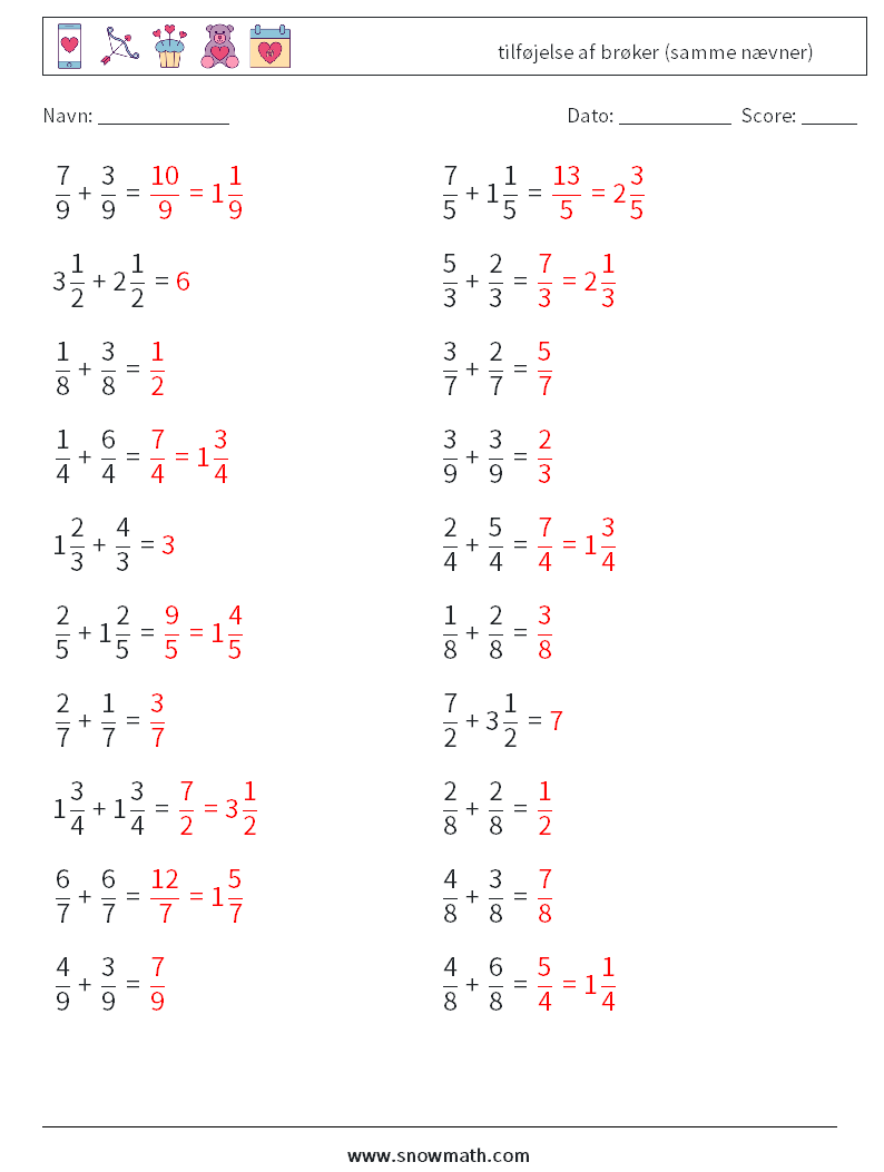 (20) tilføjelse af brøker (samme nævner) Matematiske regneark 16 Spørgsmål, svar