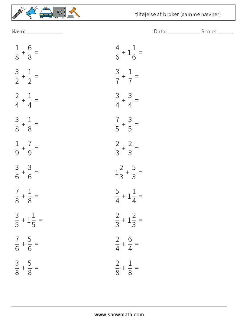 (20) tilføjelse af brøker (samme nævner) Matematiske regneark 17