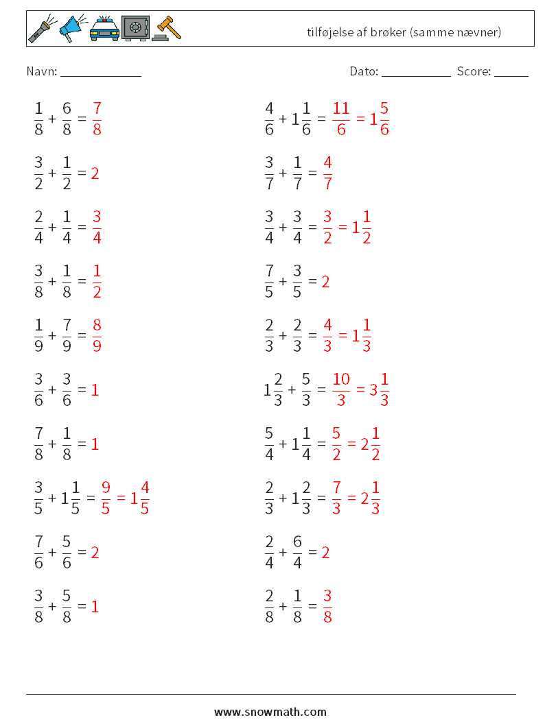 (20) tilføjelse af brøker (samme nævner) Matematiske regneark 17 Spørgsmål, svar