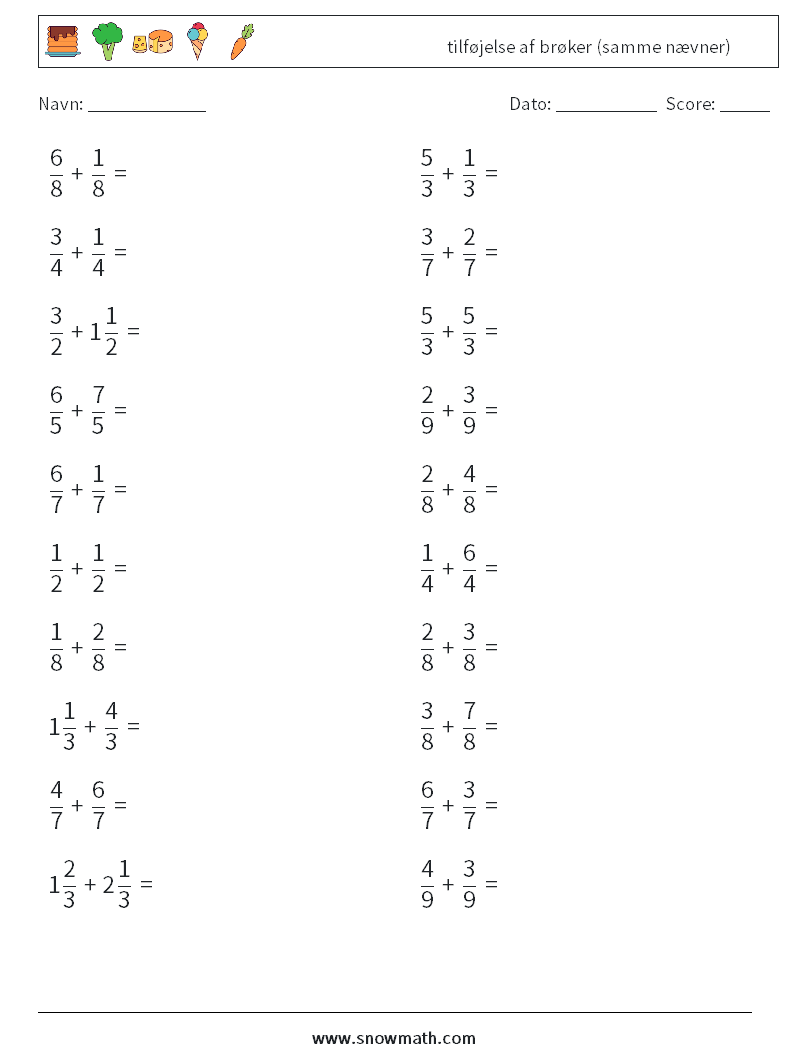 (20) tilføjelse af brøker (samme nævner) Matematiske regneark 18