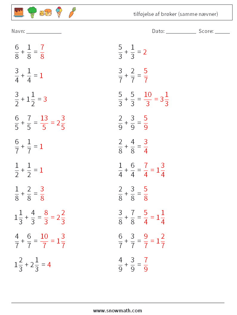 (20) tilføjelse af brøker (samme nævner) Matematiske regneark 18 Spørgsmål, svar