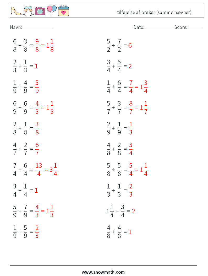 (20) tilføjelse af brøker (samme nævner) Matematiske regneark 1 Spørgsmål, svar
