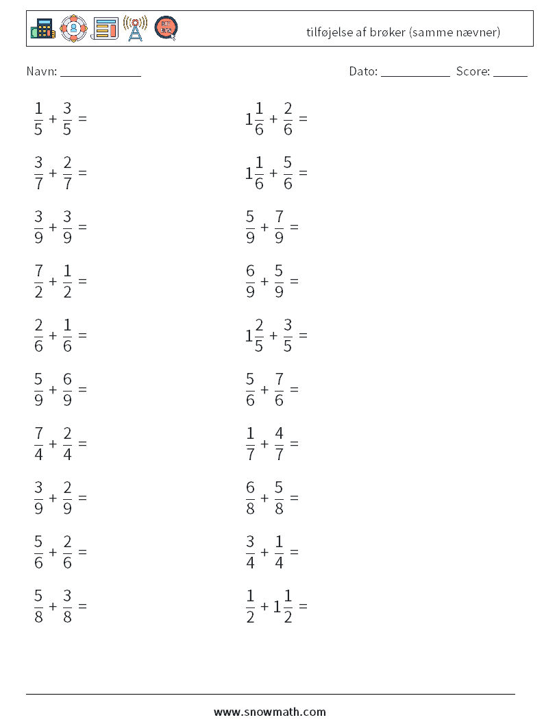 (20) tilføjelse af brøker (samme nævner) Matematiske regneark 2