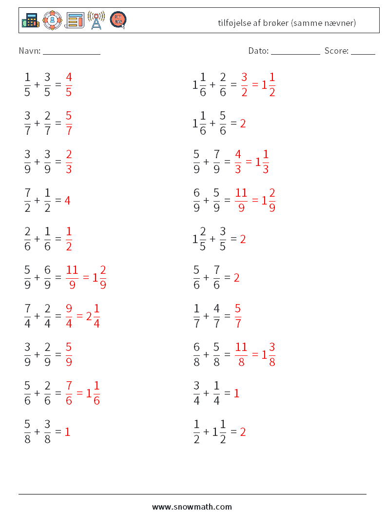 (20) tilføjelse af brøker (samme nævner) Matematiske regneark 2 Spørgsmål, svar