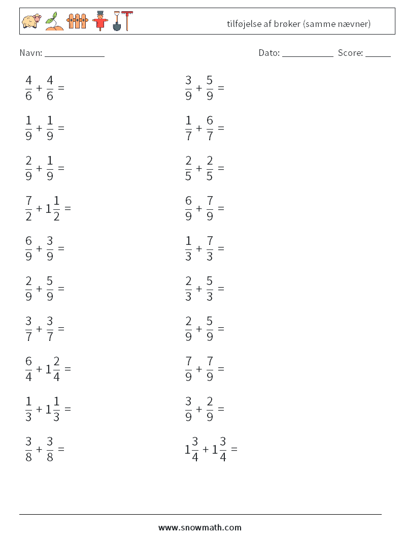 (20) tilføjelse af brøker (samme nævner) Matematiske regneark 3