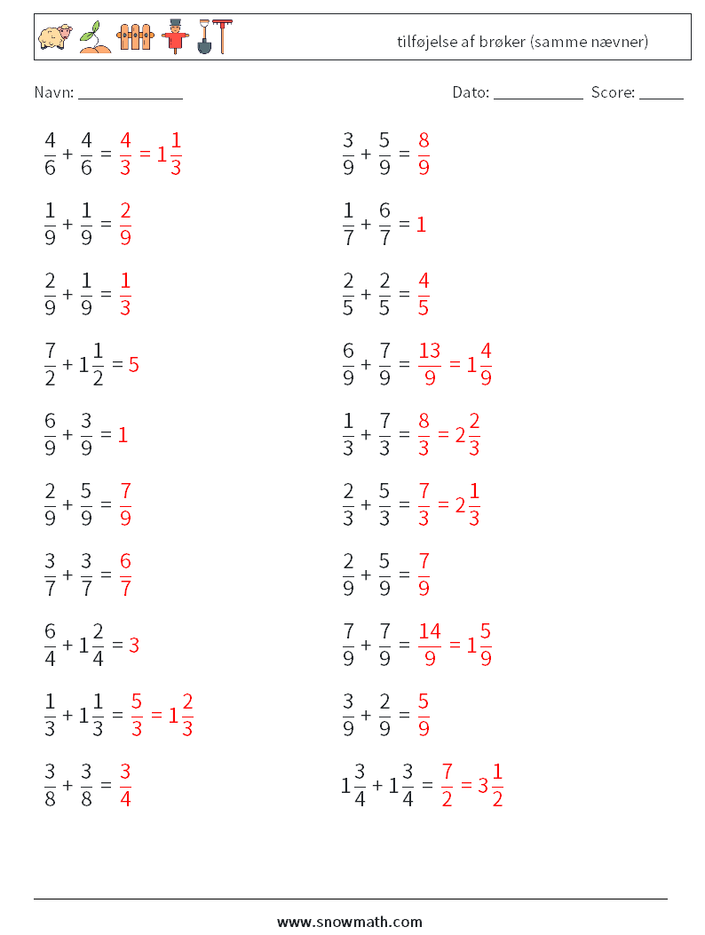 (20) tilføjelse af brøker (samme nævner) Matematiske regneark 3 Spørgsmål, svar