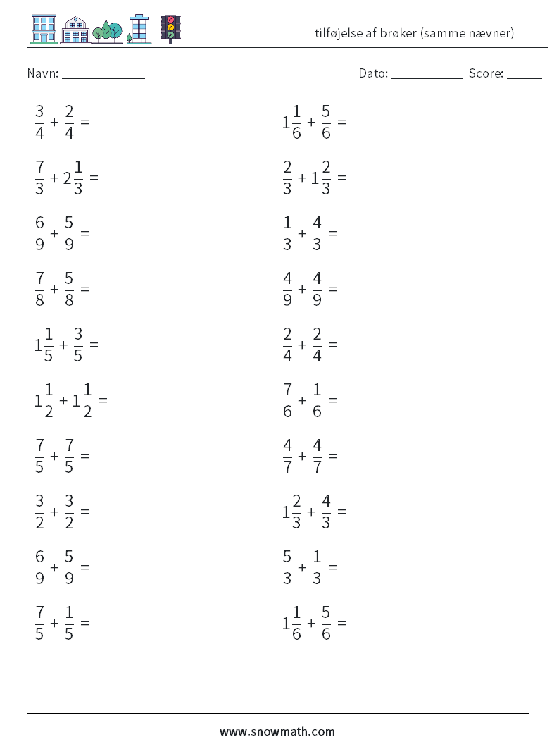 (20) tilføjelse af brøker (samme nævner) Matematiske regneark 4