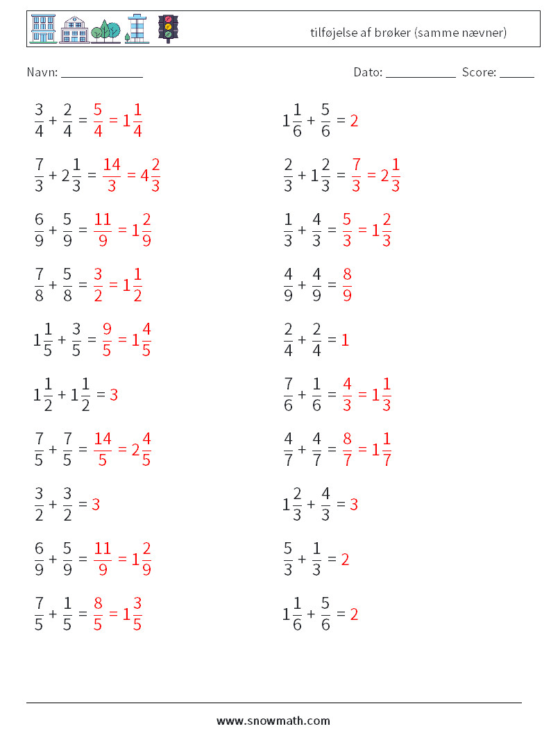 (20) tilføjelse af brøker (samme nævner) Matematiske regneark 4 Spørgsmål, svar