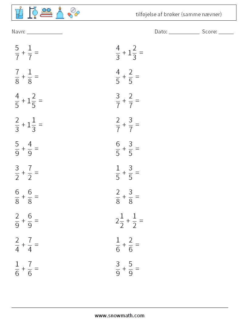 (20) tilføjelse af brøker (samme nævner) Matematiske regneark 5
