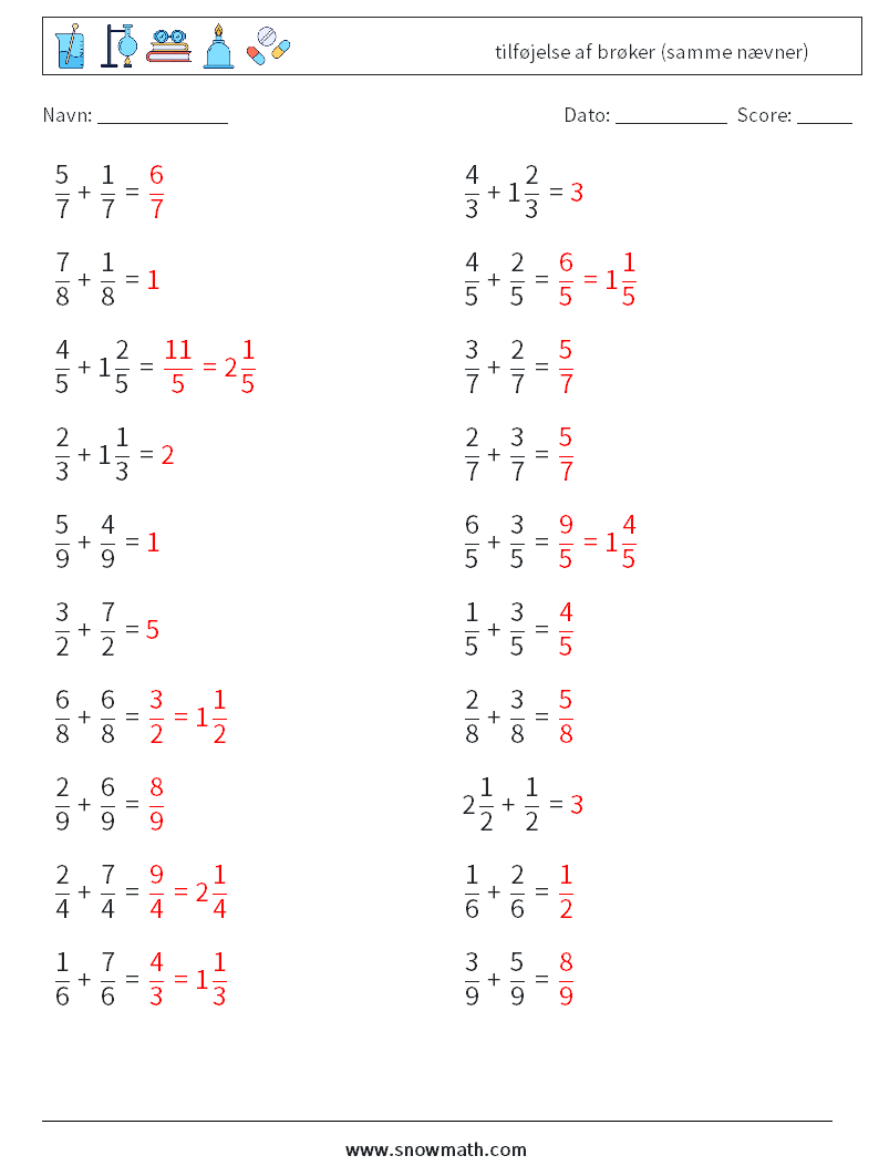 (20) tilføjelse af brøker (samme nævner) Matematiske regneark 5 Spørgsmål, svar