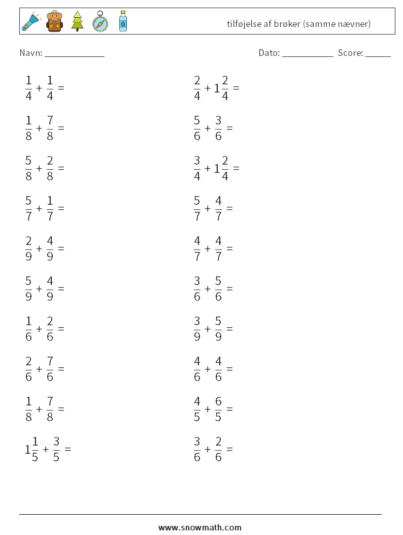 (20) tilføjelse af brøker (samme nævner) Matematiske regneark 6