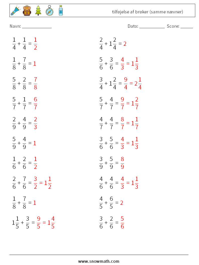 (20) tilføjelse af brøker (samme nævner) Matematiske regneark 6 Spørgsmål, svar