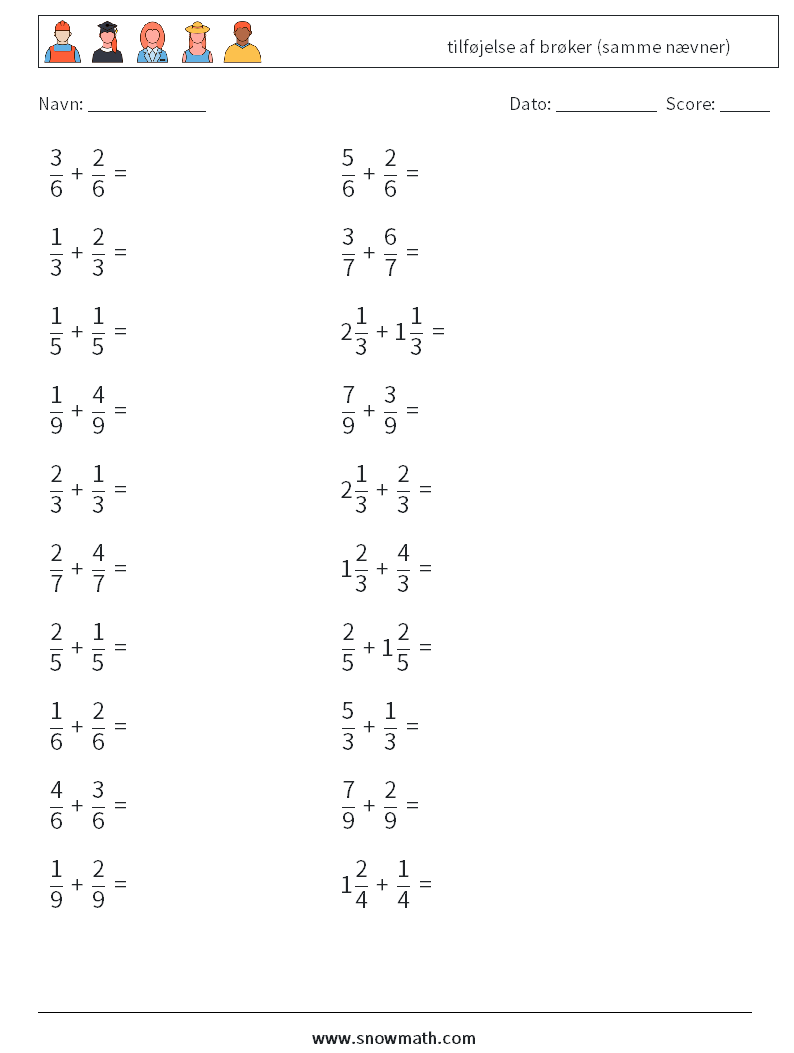 (20) tilføjelse af brøker (samme nævner) Matematiske regneark 7