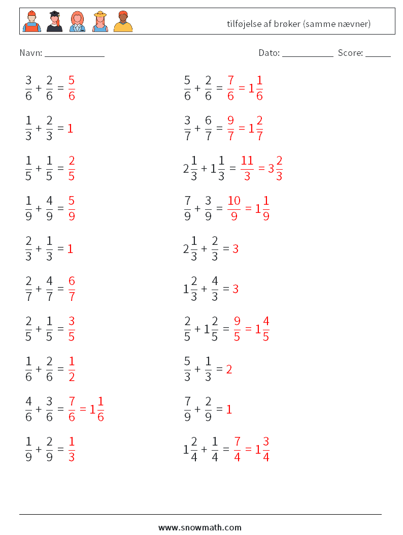 (20) tilføjelse af brøker (samme nævner) Matematiske regneark 7 Spørgsmål, svar