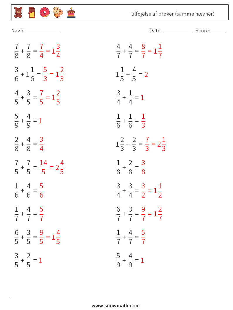 (20) tilføjelse af brøker (samme nævner) Matematiske regneark 8 Spørgsmål, svar