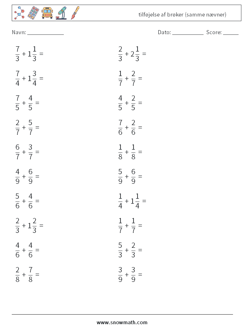 (20) tilføjelse af brøker (samme nævner) Matematiske regneark 9