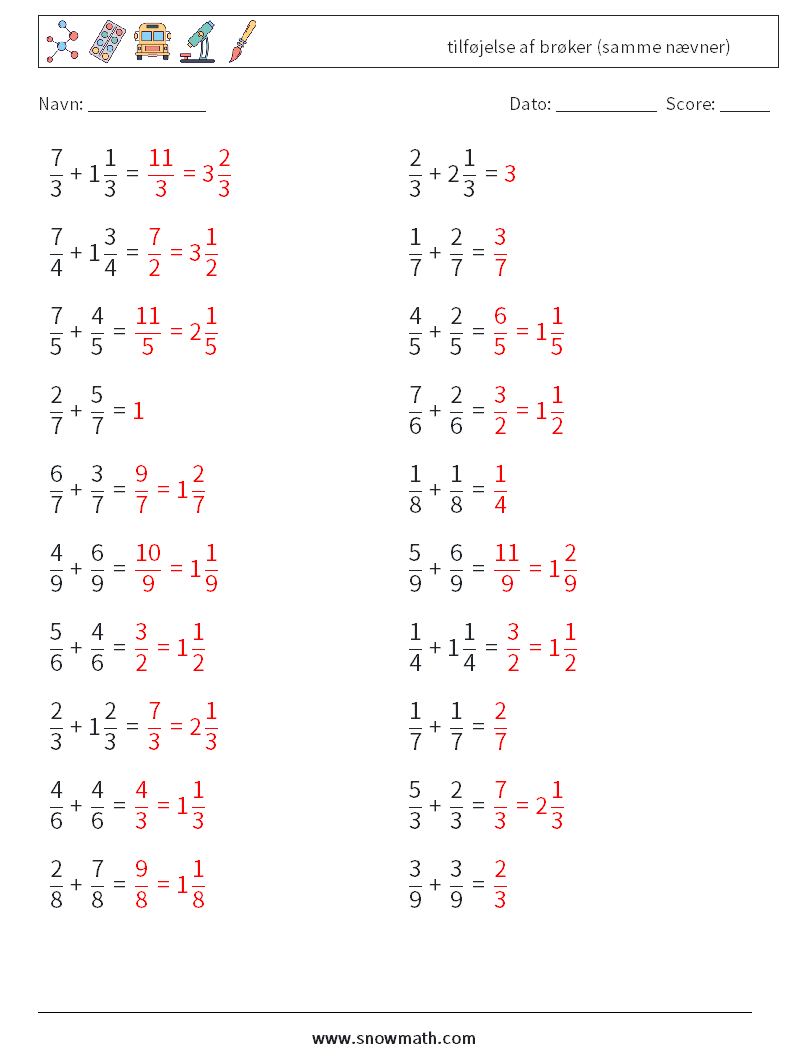 (20) tilføjelse af brøker (samme nævner) Matematiske regneark 9 Spørgsmål, svar