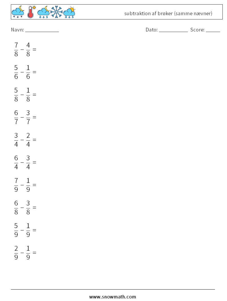 (10) subtraktion af brøker (samme nævner) Matematiske regneark 10