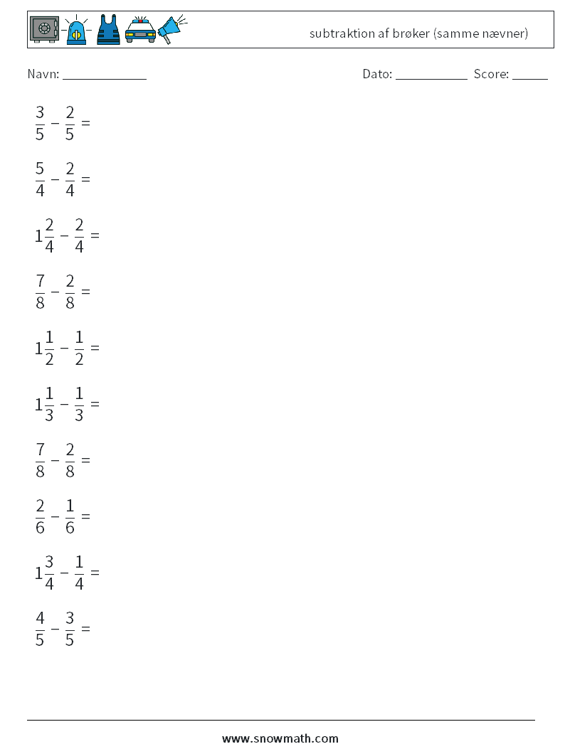 (10) subtraktion af brøker (samme nævner) Matematiske regneark 11