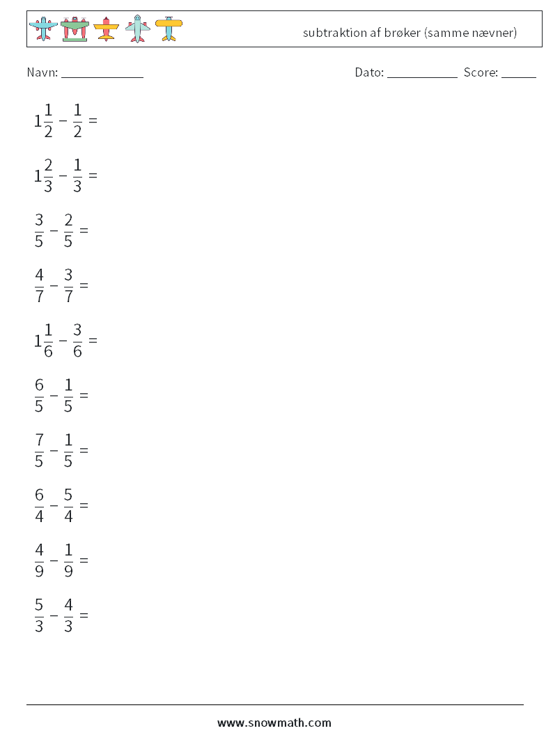 (10) subtraktion af brøker (samme nævner) Matematiske regneark 12