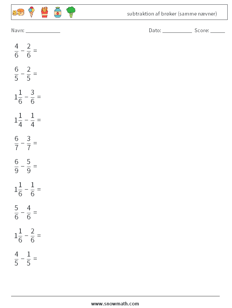 (10) subtraktion af brøker (samme nævner) Matematiske regneark 13