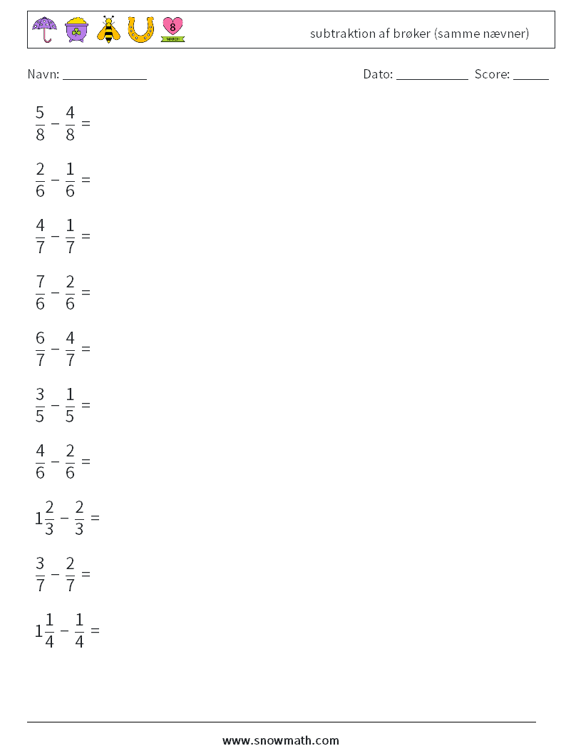 (10) subtraktion af brøker (samme nævner) Matematiske regneark 14