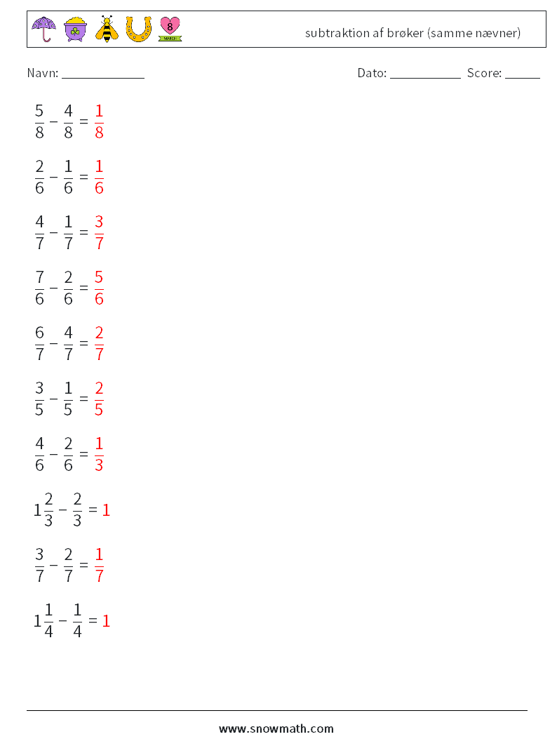 (10) subtraktion af brøker (samme nævner) Matematiske regneark 14 Spørgsmål, svar