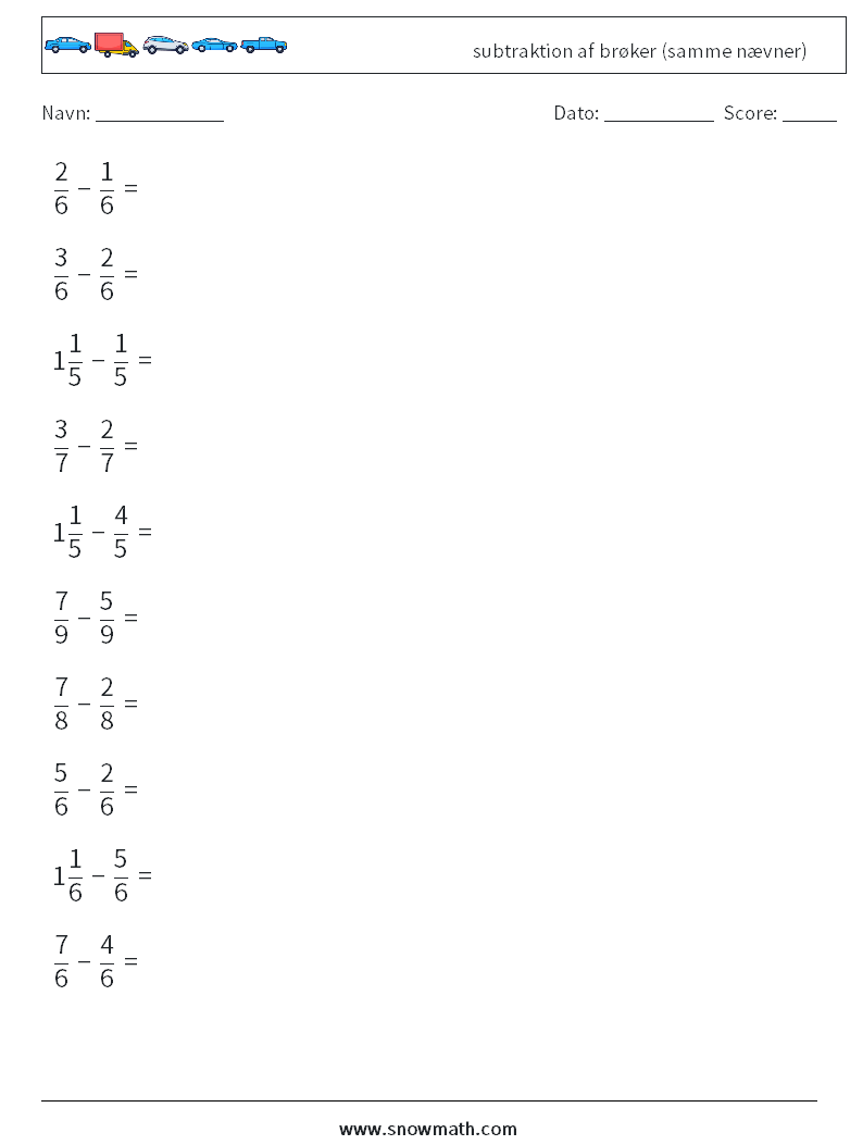 (10) subtraktion af brøker (samme nævner) Matematiske regneark 15