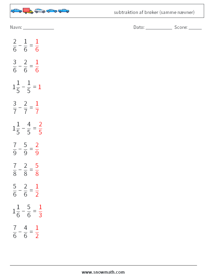 (10) subtraktion af brøker (samme nævner) Matematiske regneark 15 Spørgsmål, svar