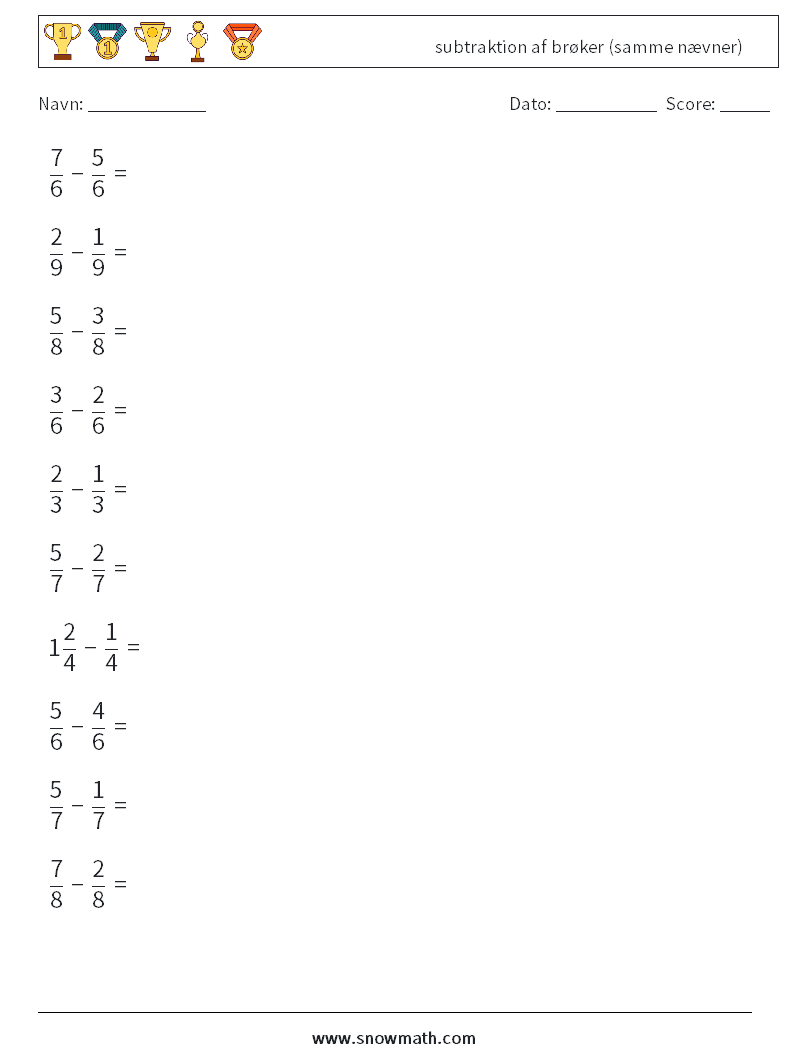 (10) subtraktion af brøker (samme nævner) Matematiske regneark 16