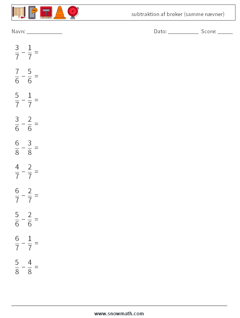 (10) subtraktion af brøker (samme nævner) Matematiske regneark 17