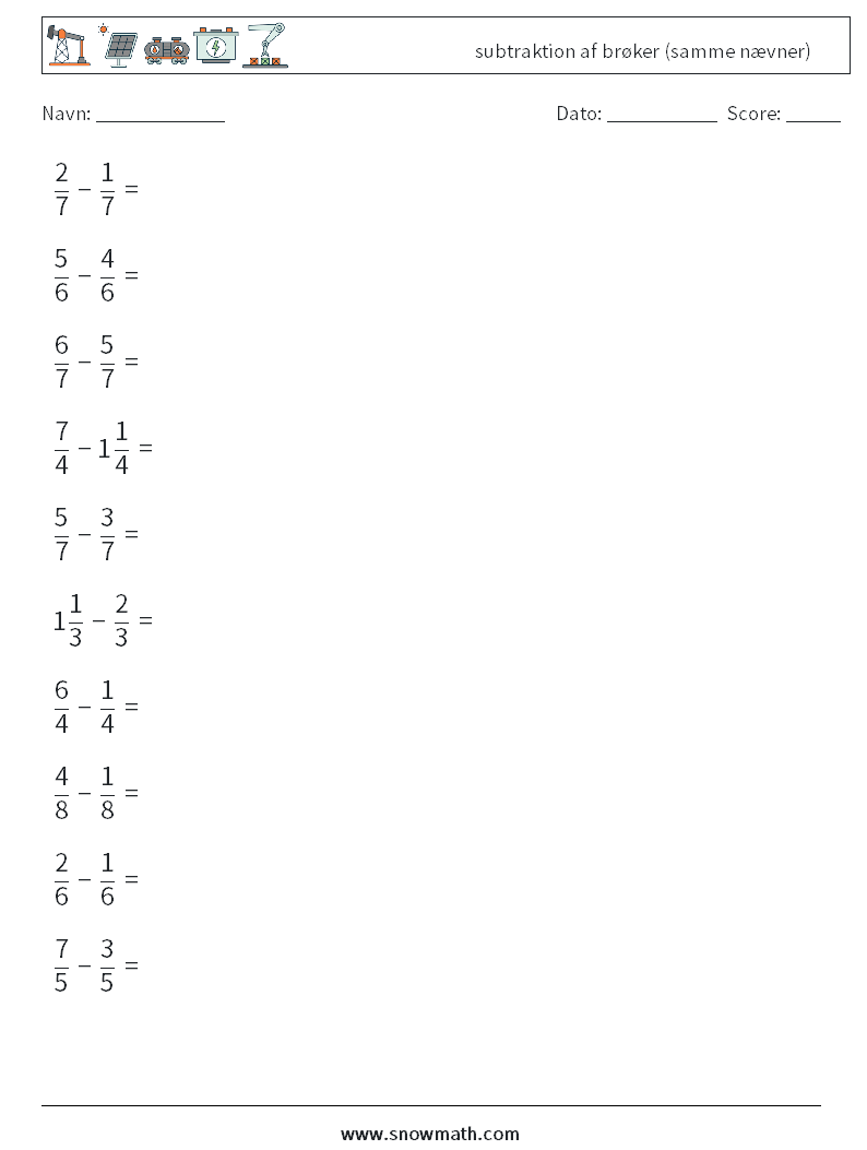 (10) subtraktion af brøker (samme nævner) Matematiske regneark 18
