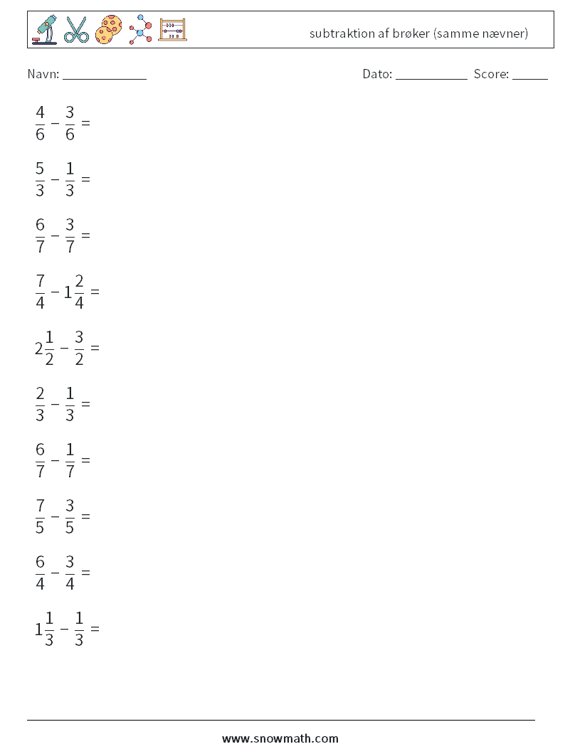 (10) subtraktion af brøker (samme nævner) Matematiske regneark 2