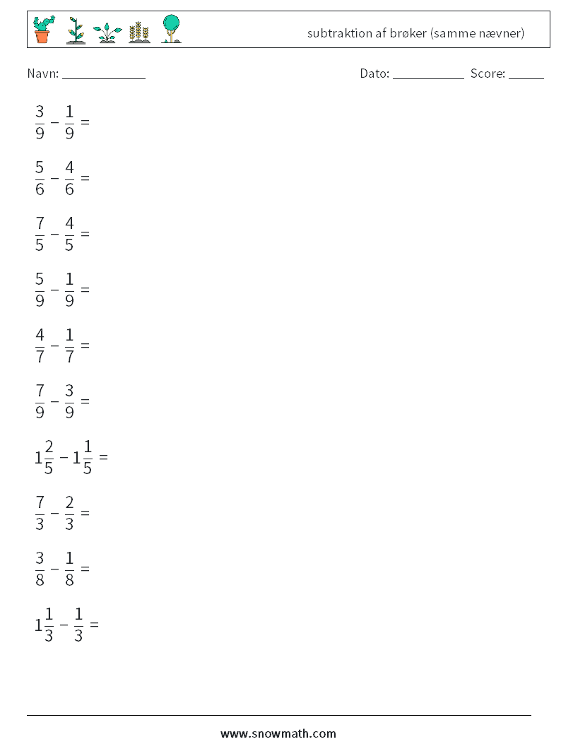 (10) subtraktion af brøker (samme nævner) Matematiske regneark 7