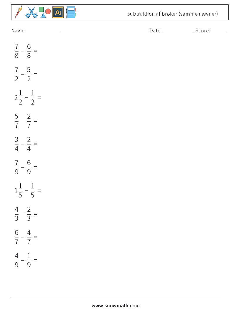 (10) subtraktion af brøker (samme nævner) Matematiske regneark 8