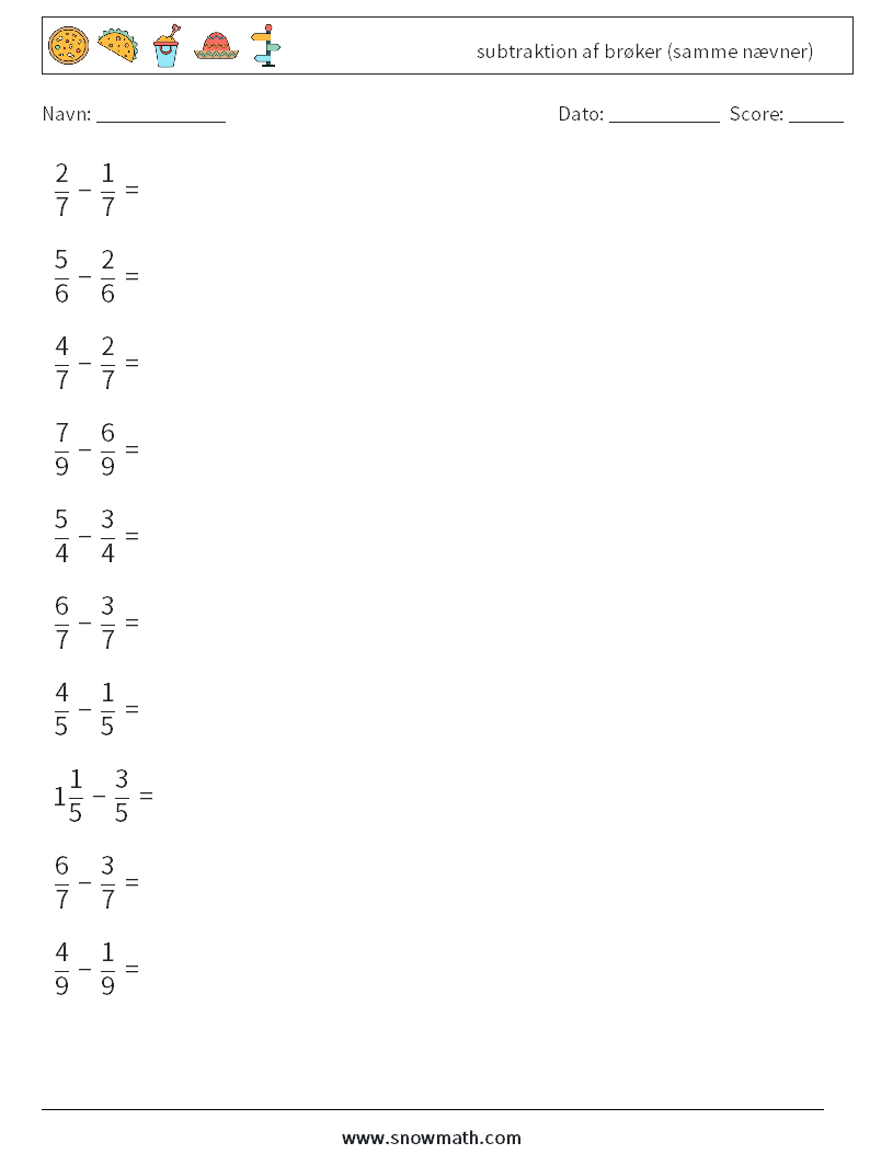 (10) subtraktion af brøker (samme nævner) Matematiske regneark 9