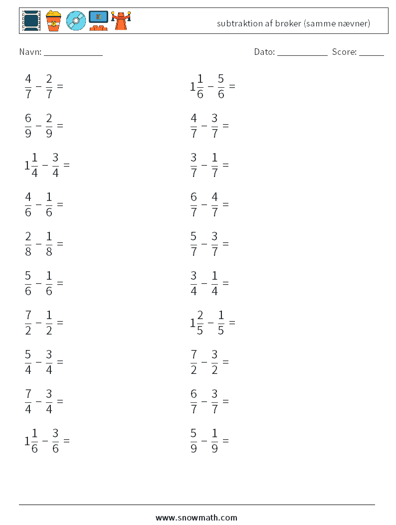 (20) subtraktion af brøker (samme nævner) Matematiske regneark 11