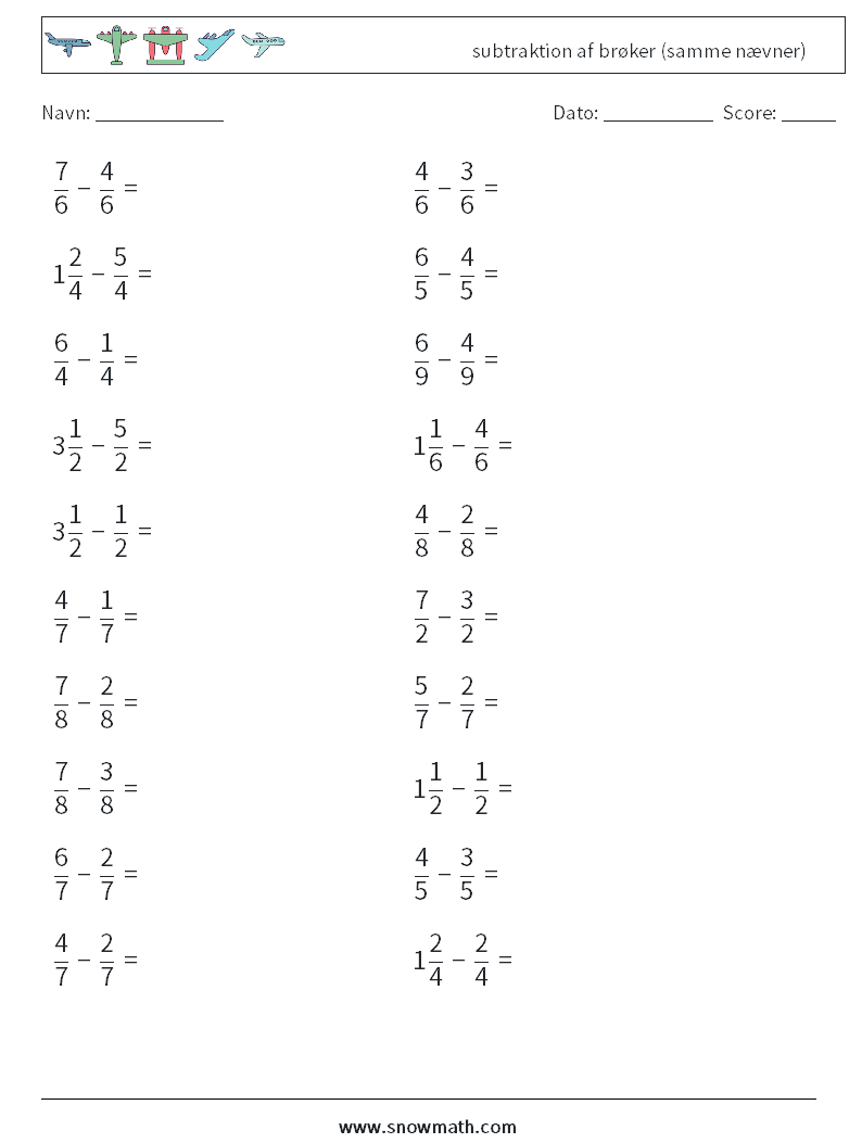 (20) subtraktion af brøker (samme nævner) Matematiske regneark 13